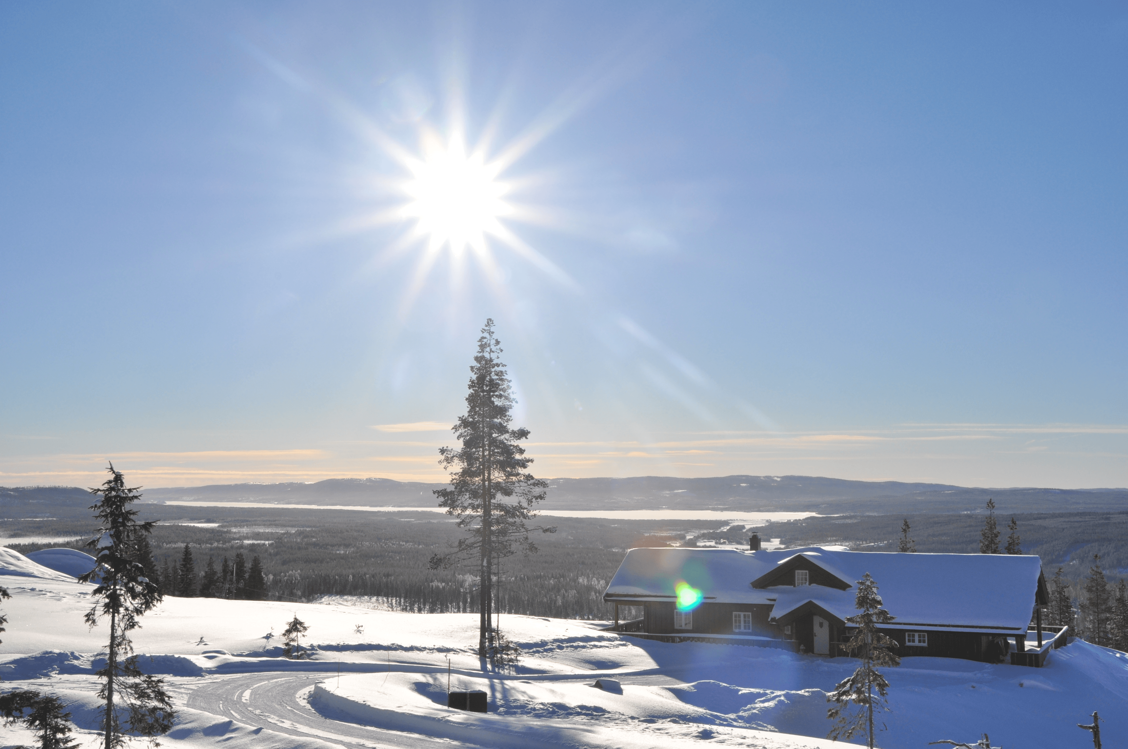 Hytte på Furutangen i vintersol med utsikt mot sjøen