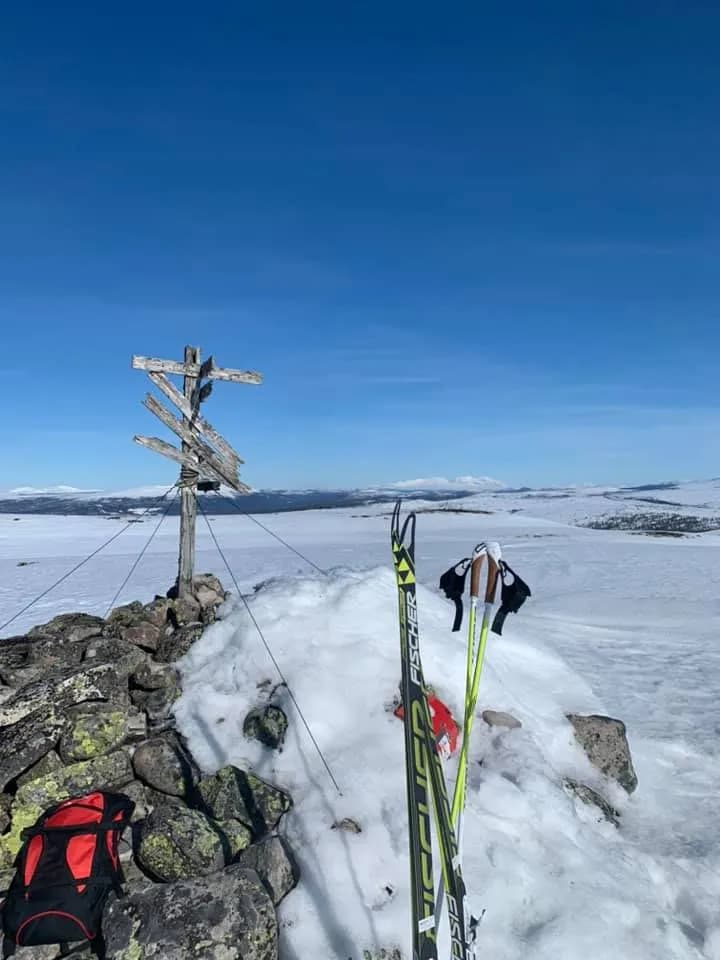 Ski ved en veiviser i snødekt landskap